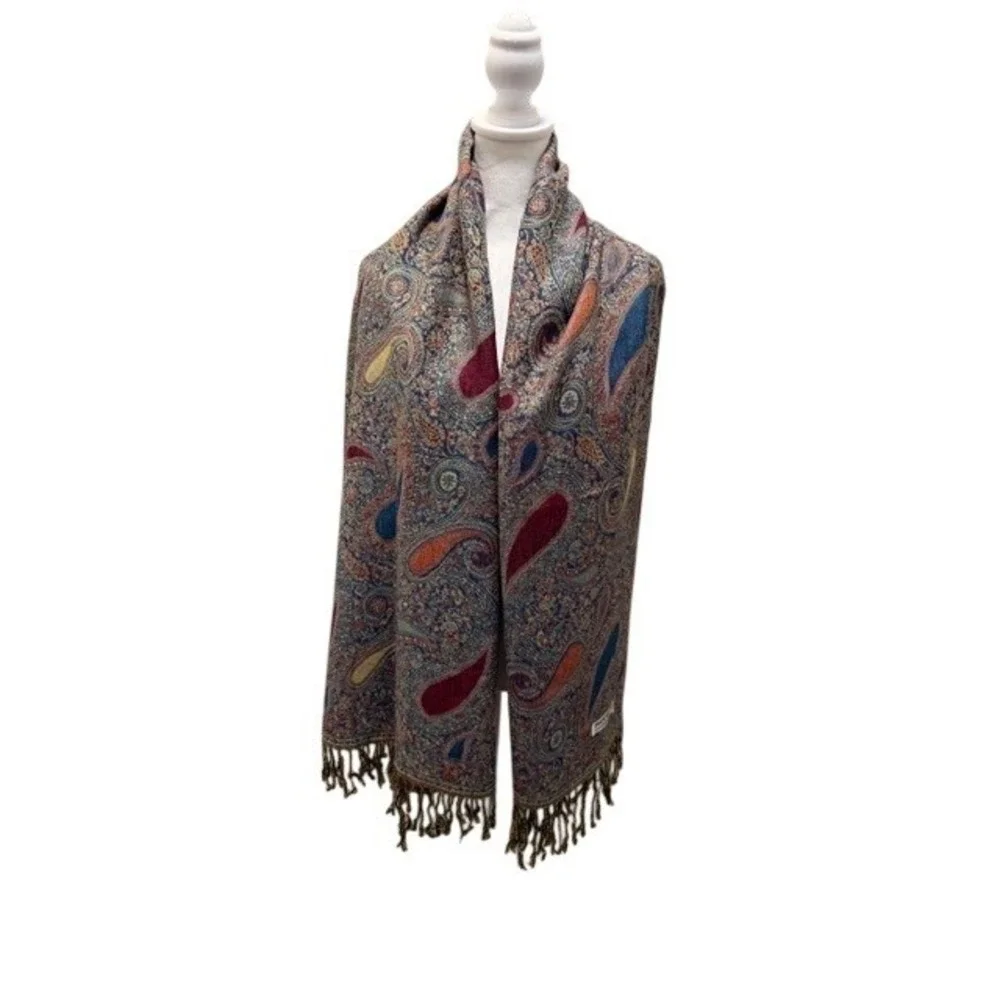 Luxury Pashmina Silk Blend Scarf Paisley Print Fringe Brown Blue Red‎ Yellow